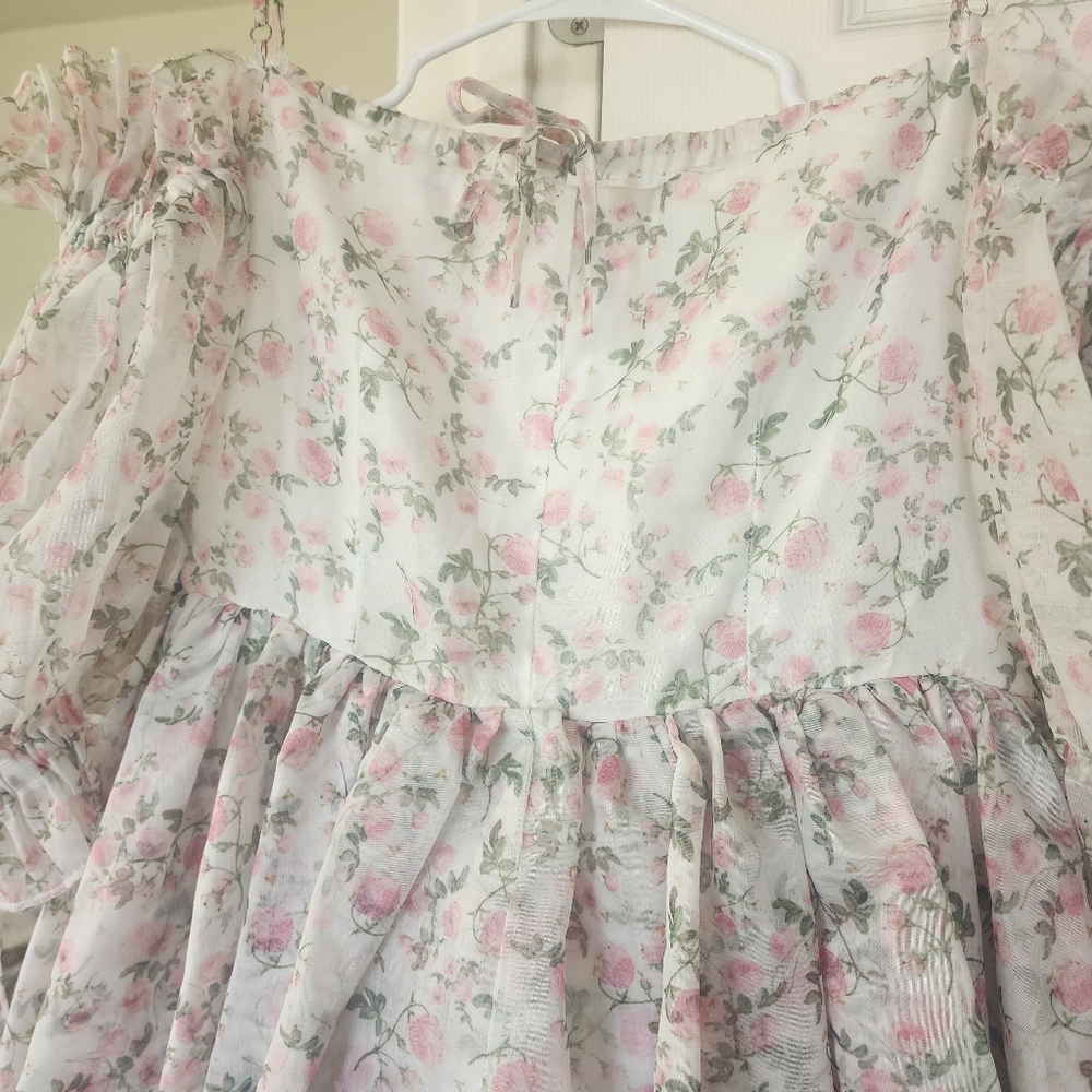 Floral Puff-Sleeve Midi Dress in Soft Pink - - Picture 6 of 7